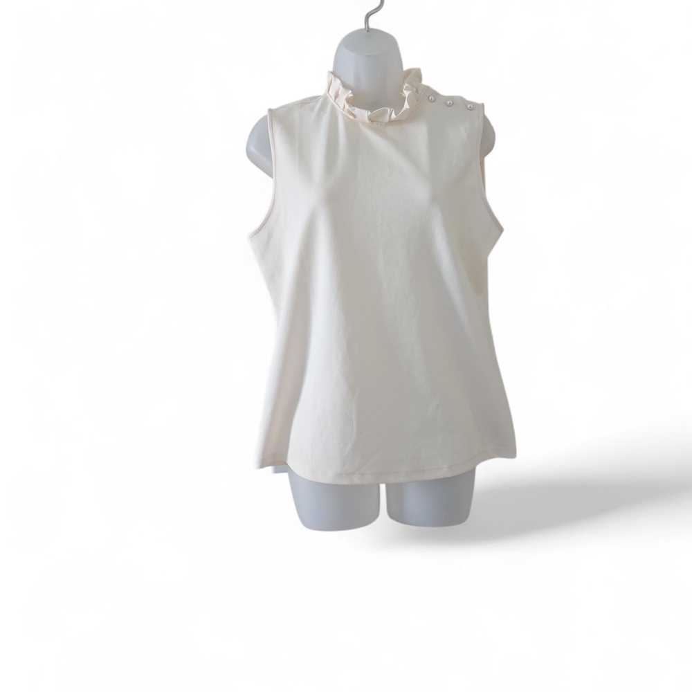 Ann Taylor Cream Sleeveless Ruffled Neck Top with Pearl Buttons
